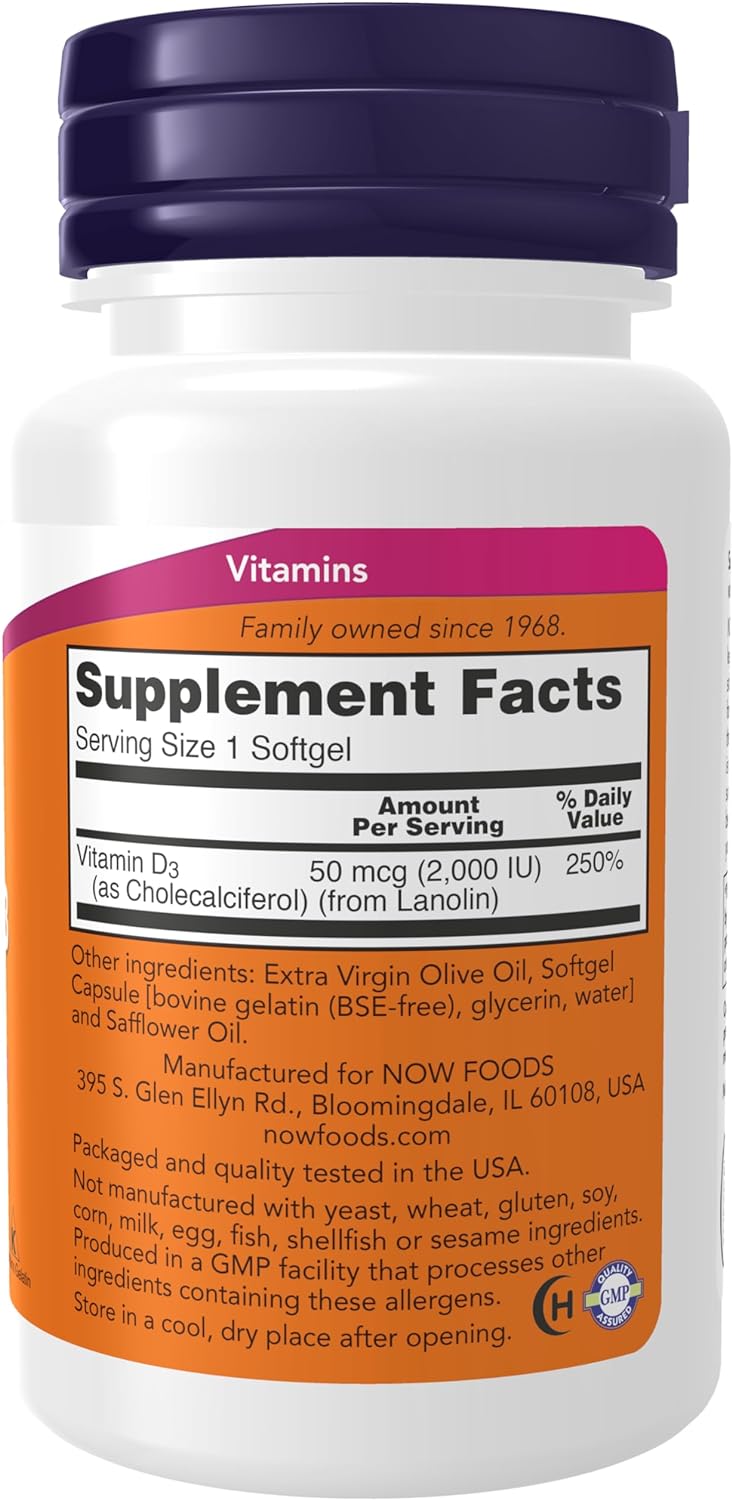 NOW Foods Vitamin D-3, 2000 IU, 30 Softgels 24Hr Smart